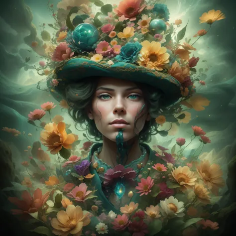 em um retrato surreal bonito, an intriguing man emerges with a hat adorned with flowers on his head. the image is a true surreal...