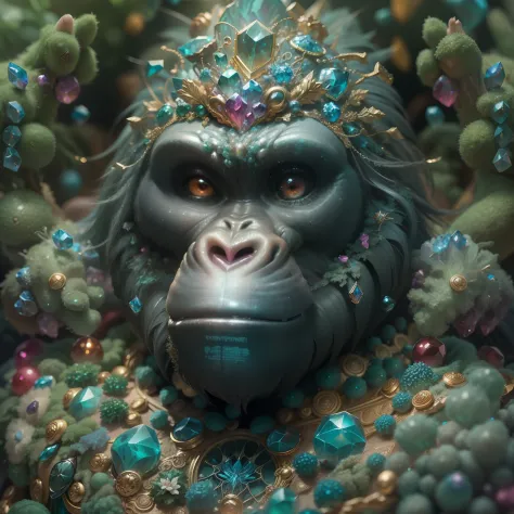 a stunning rendition of full-body gorilla sculpture made of fractal gems, fractal crystals, intricate details, hyperrealistic, o...