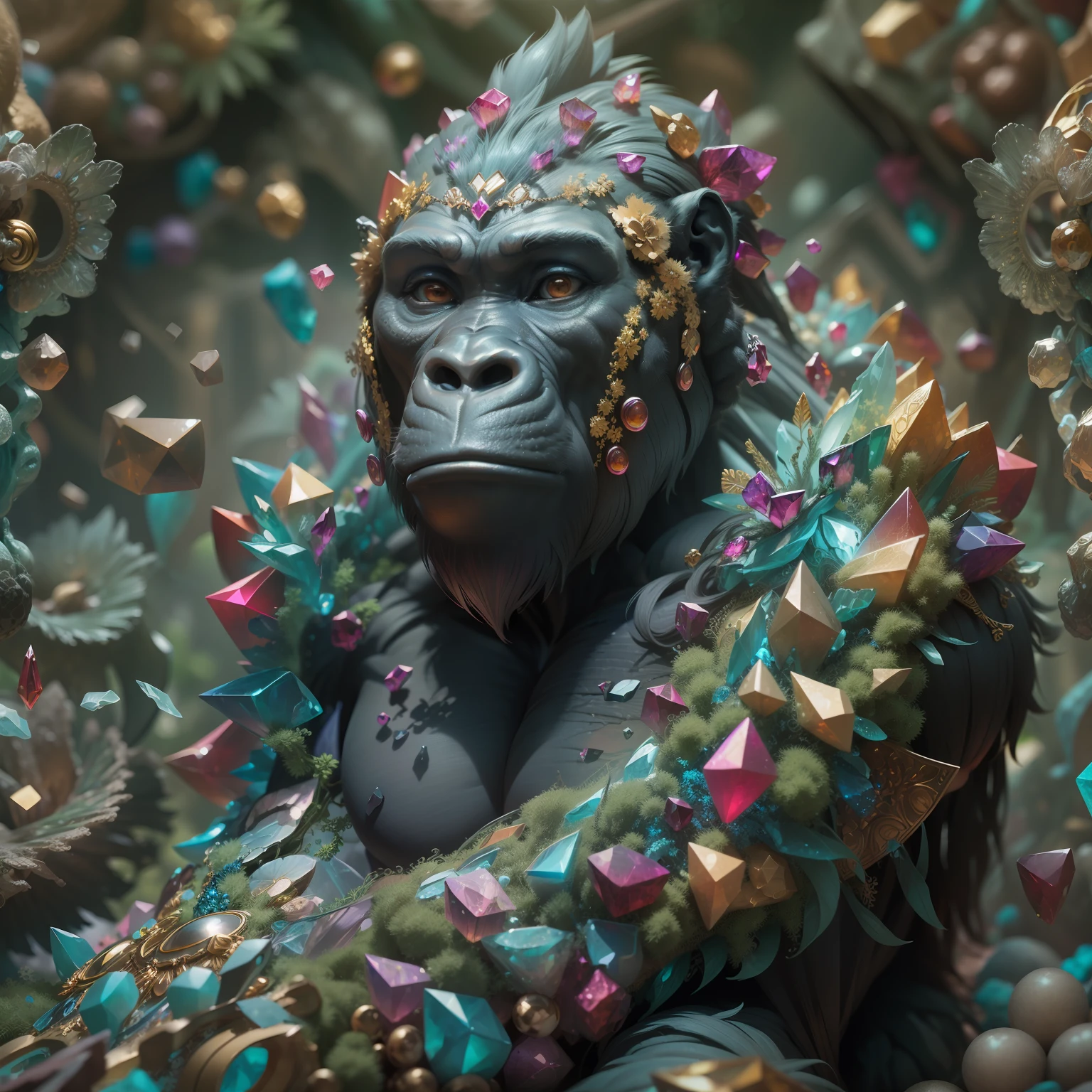 a stunning rendition of full-body gorilla sculpture made of fractal gems, fractal crystals, intricate details, hyperrealistic, octane render, very colorful, vibrant, cinematic, ornate, luxury, elite, james jean, brian froud, ross tran