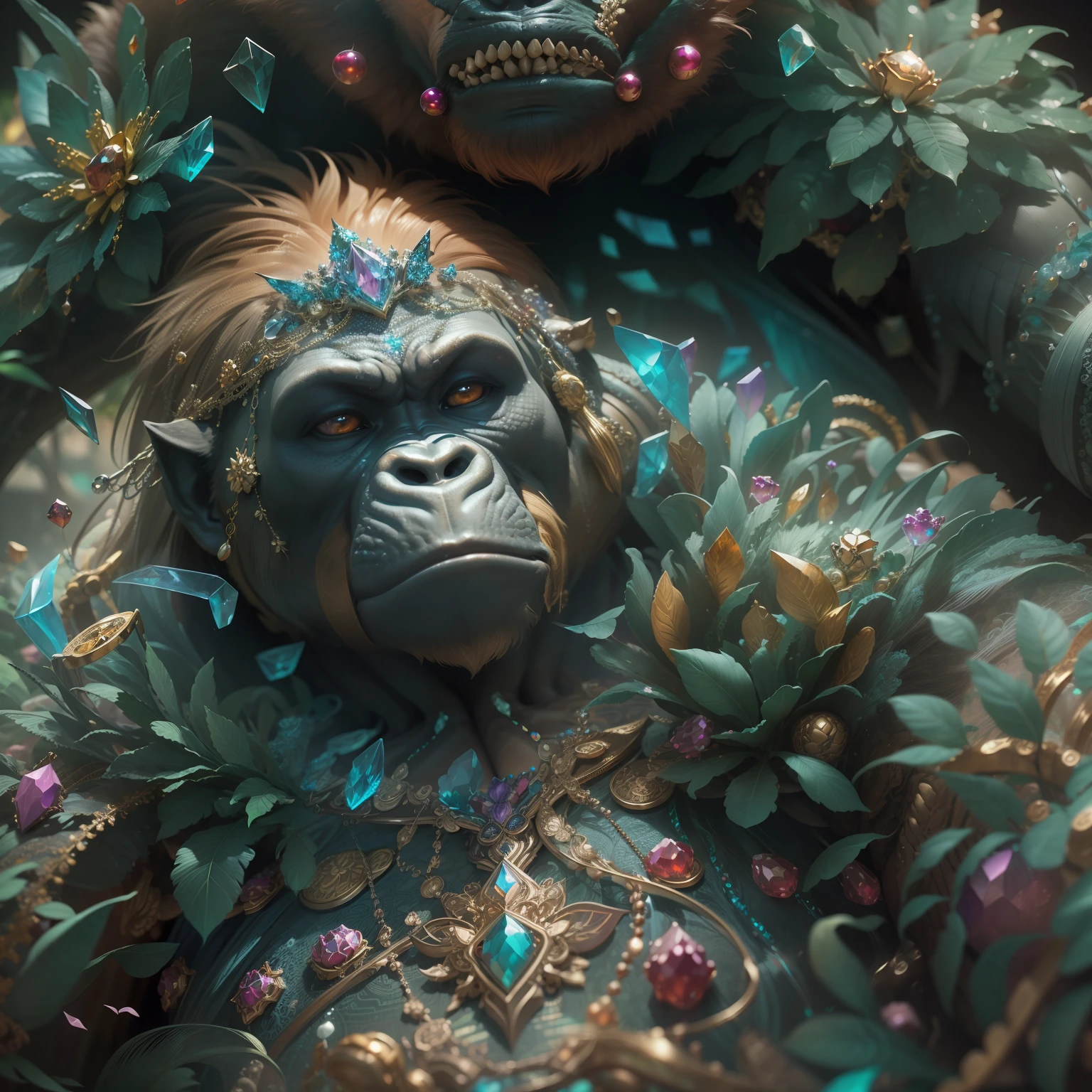 a stunning rendition of full-body gorilla sculpture made of fractal gems, fractal crystals, intricate details, hyperrealistic, octane render, very colorful, vibrant, cinematic, ornate, luxury, elite, james jean, brian froud, ross tran