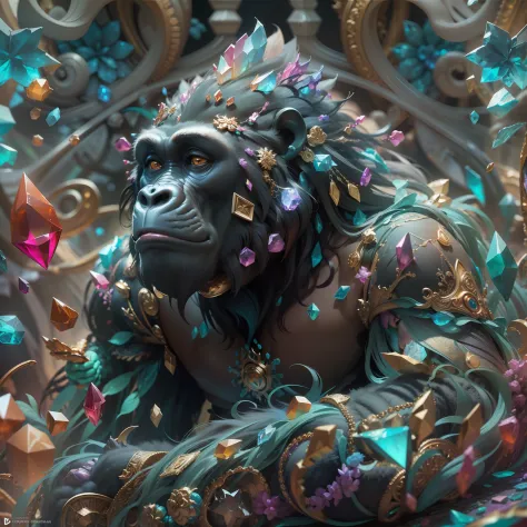 a stunning rendition of full-body gorilla sculpture made of fractal gems, fractal crystals, intricate details, hyperrealistic, o...