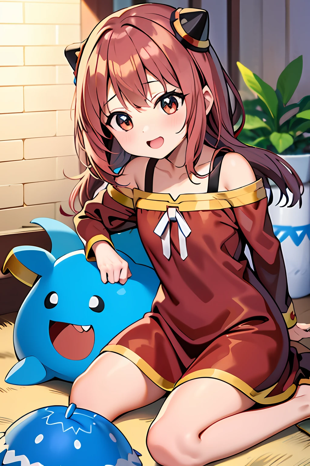 Uma foto solo com (mamãe\(Família Spyx\)) com a roupa da Megumin do anime Konosuba, mostrando sua magia explosiva