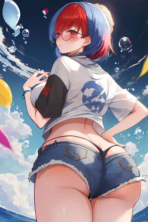 ass shot, jean shorts, looking back, low angle, blushing, hand on hips, massive bubble butt, culona, earthly colors, azur lane style, drawn by a korean loser