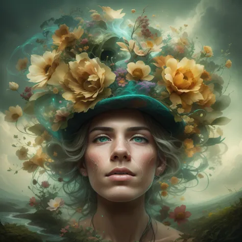 Em um retrato surreal bonito, An intriguing man emerges with a hat adorned with flowers on his head. The image is a true surreal...