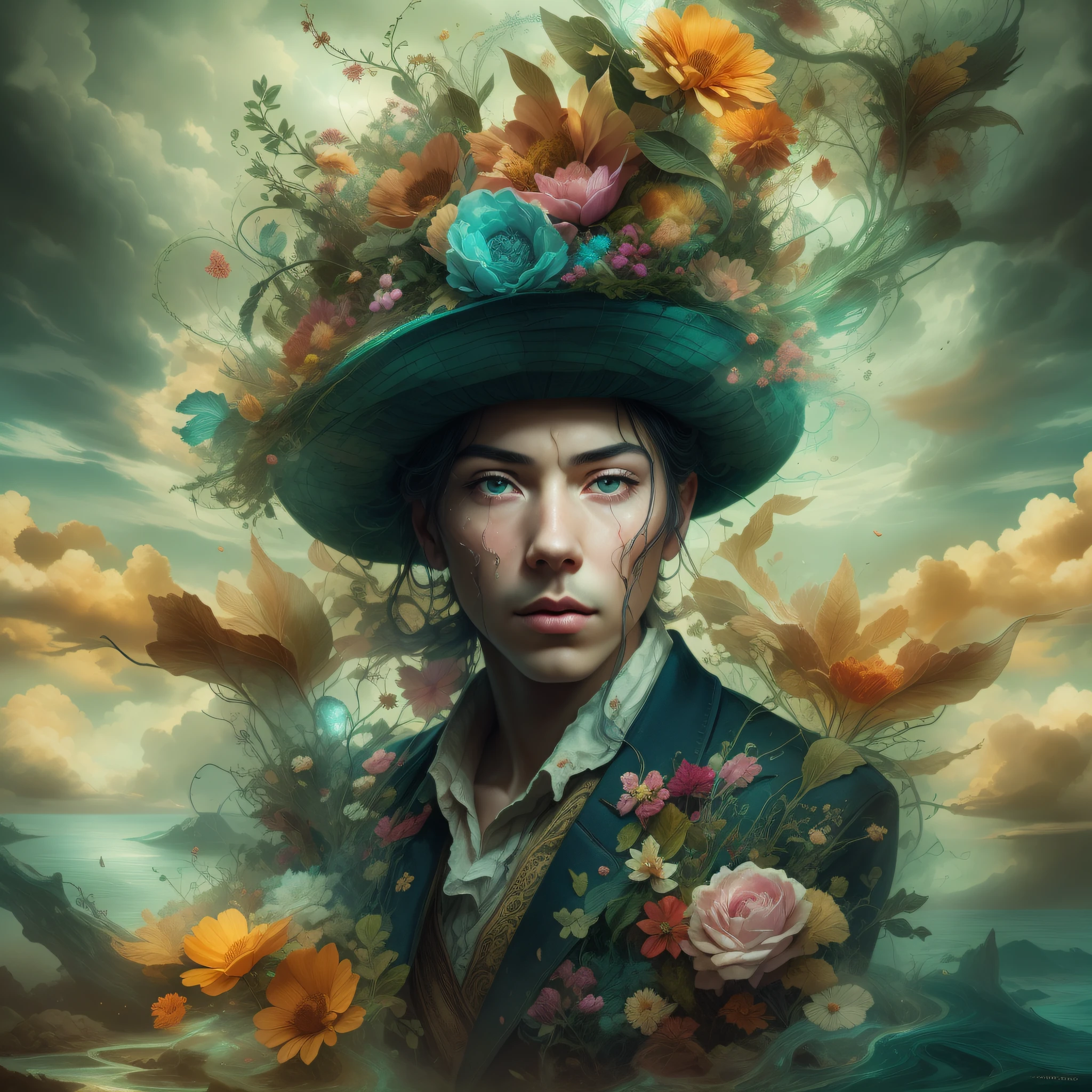 Em um retrato surreal bonito, An intriguing man emerges with a hat adorned with flowers on his head. The image is a true surrealist digital work of art, inspired by the magical creations of Maxim Verehin. Every detail of the illustration is impressive, with vibrant colors and mesmerizing textures that catch the viewer's eye. The portrait captures the essence of the flower storm, an emotional blend of fantastic and natural elements. Through techniques of photographic manipulation and surrealism, o retrato ganha vida, crossing the boundaries of reality and transporting the audience to a universe of imagination and wonder. The style refers to the influence of Alexander Jansson, with a magical and dreamy atmosphere, onde o surrealismo encontra a fantasia. Each digital brushstroke is carefully crafted to convey a unique and captivating beauty. Inspirado em Alberto Seveso, The portrayal of surrealism comes to life with fluid strokes, remembering the dance of movement and transformation. This beautiful digital art is a celebration of human creativity and the ability to transcend the boundaries of reality, inviting the viewer to immerse themselves in a world of imagination and enchantment.