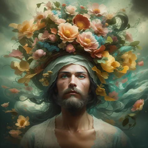 Em um retrato surreal bonito, An intriguing man emerges with a hat adorned with flowers on his head. The image is a true surreal...