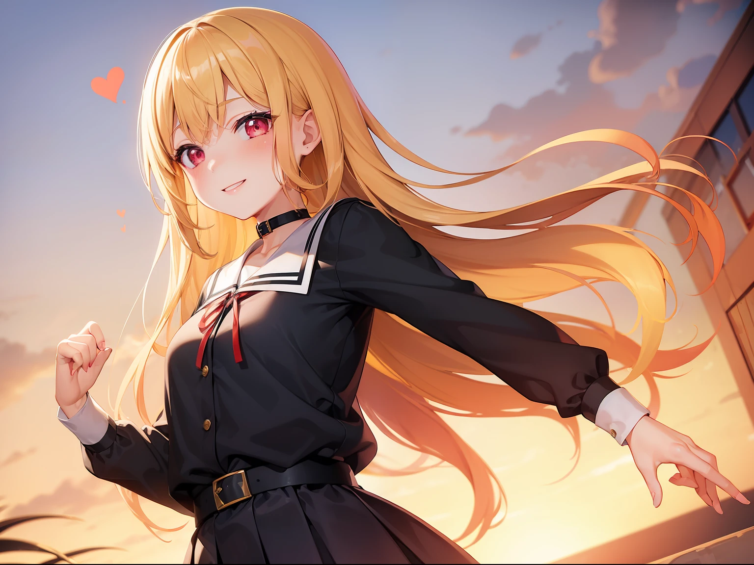 (((High Quality))),(((Best Quality))),(1girl),yellow hair,red eyes,blush cheeks,smile,school white uniform,dramatic pose,little hearts,teenager,black choker