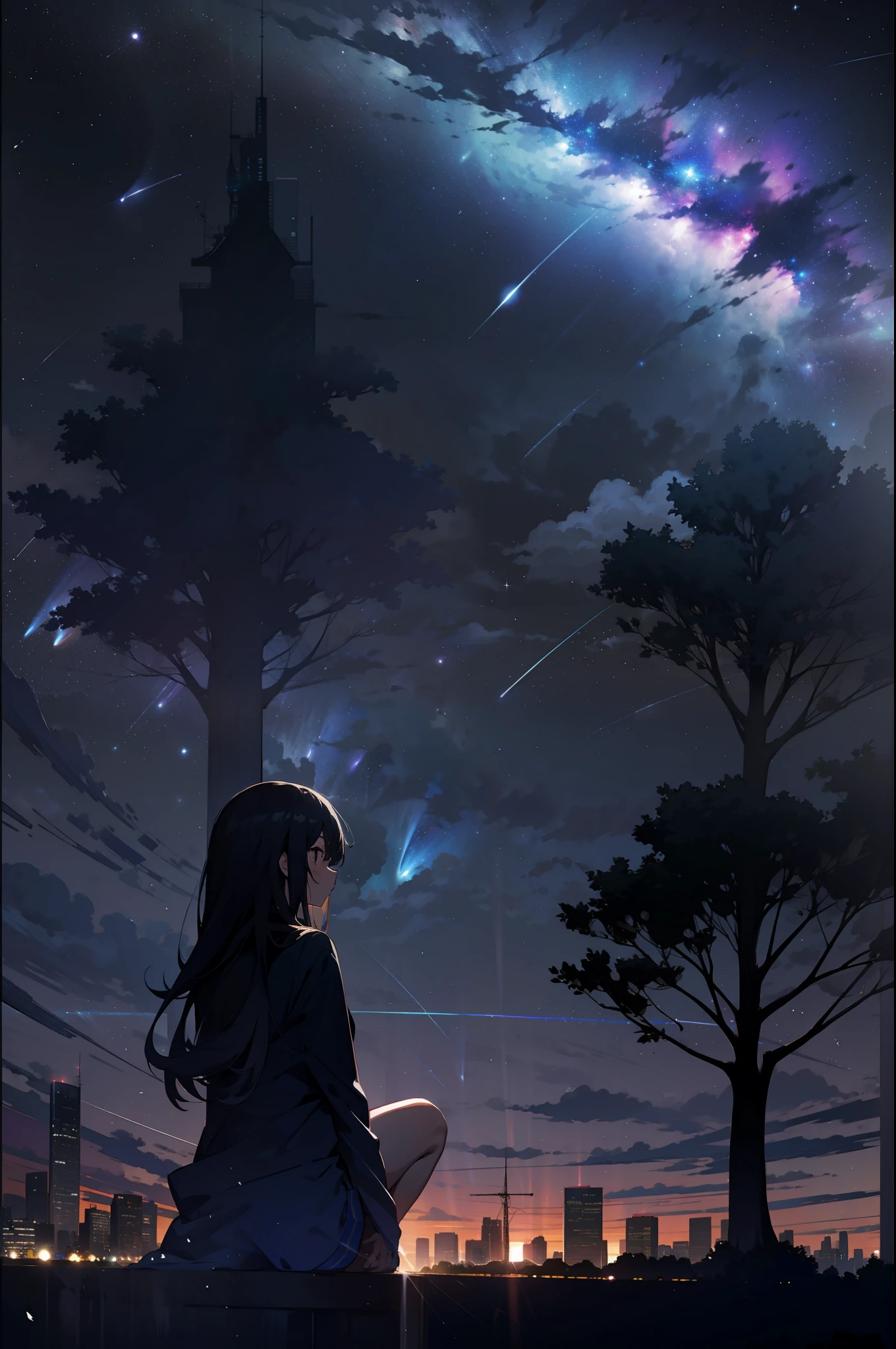 Ciel, étoile (Ciel), paysage, étoilery Ciel, nuit, 1fille, nuit Ciel, seulement, En plein air, bâtiment, nuage, voie Lactée, Séance, arbre, cheveux longs, Ville, silhouette, Villescape