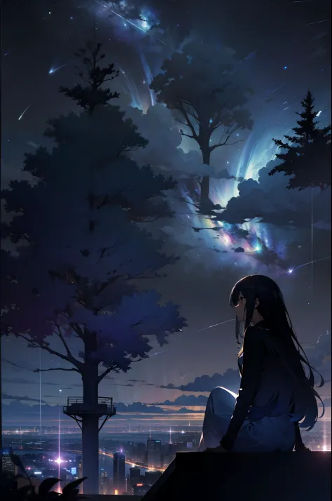 sky, star (sky), scenery, starry sky, night, 1girl, night sky, solo, outdoors, building, cloud, milky way, sitting, tree, long h...