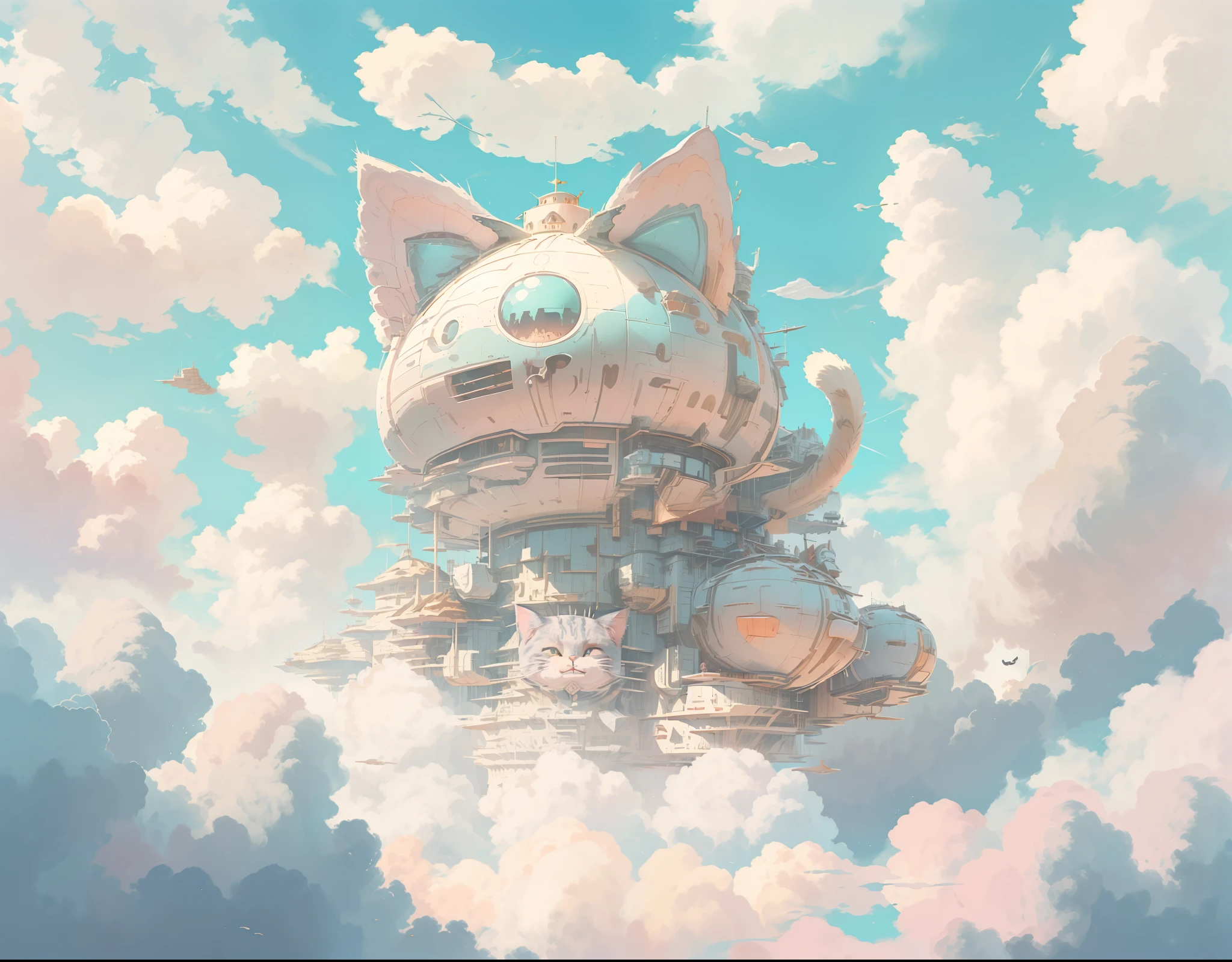 best quality,masterpiece,Megalophobia,giant phobia,(((Giant cat lsland on air, cat ears, cat face))),cloud,sky,in sky,low angle,Symmetrical composition, (kawaiitech,pastel color, kawaii, cute colors ,scifi, pink)，neowrsk，Panorama Figures