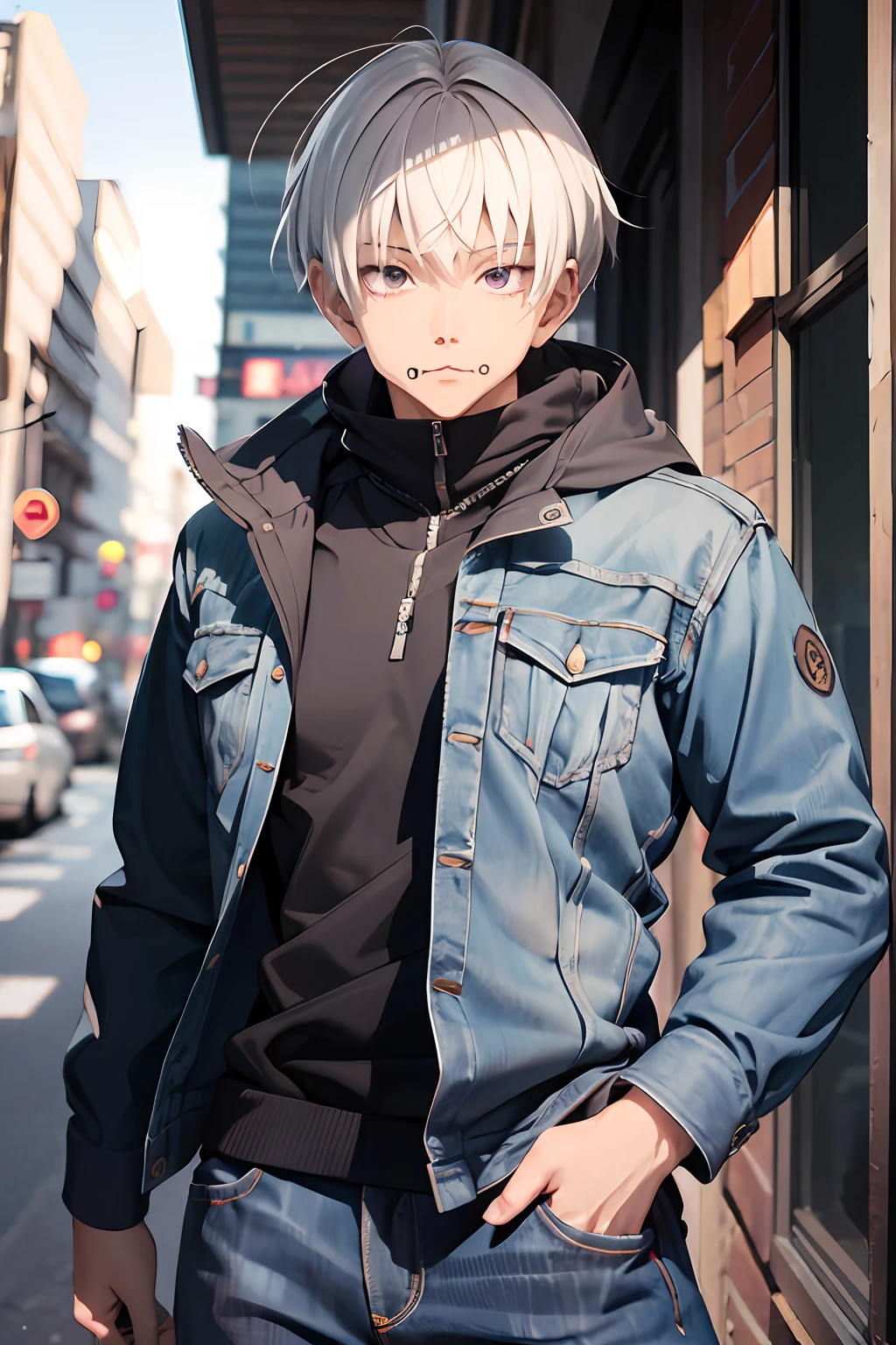 (absurdres, highres, ultra detailed, HDR), masterpiece, best quality, 1man, solo, handsome, short hair, inumaki toge, facial tattoo, white hair, black jacket, jeans, closed mouth,