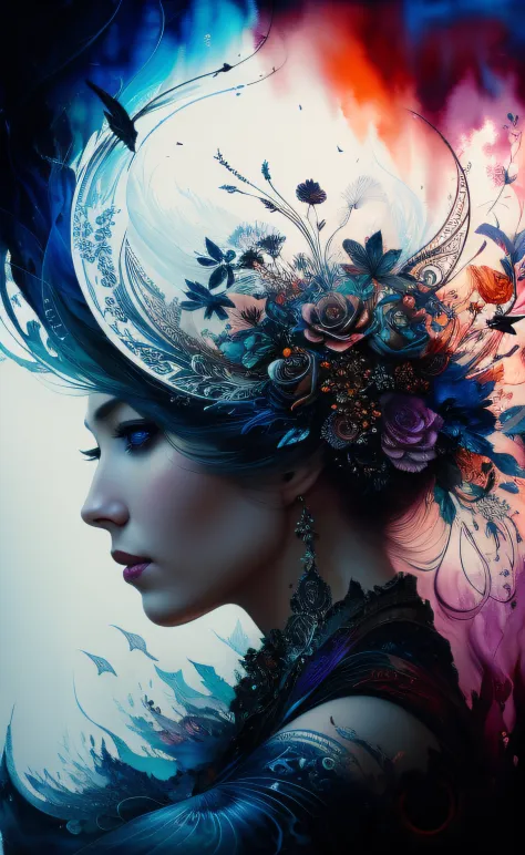 Colorful beautiful woman: Black ink flow: 8k resolution photorealistic masterpiece: by Aaron Horkey and Jeremy Mann: intricately...