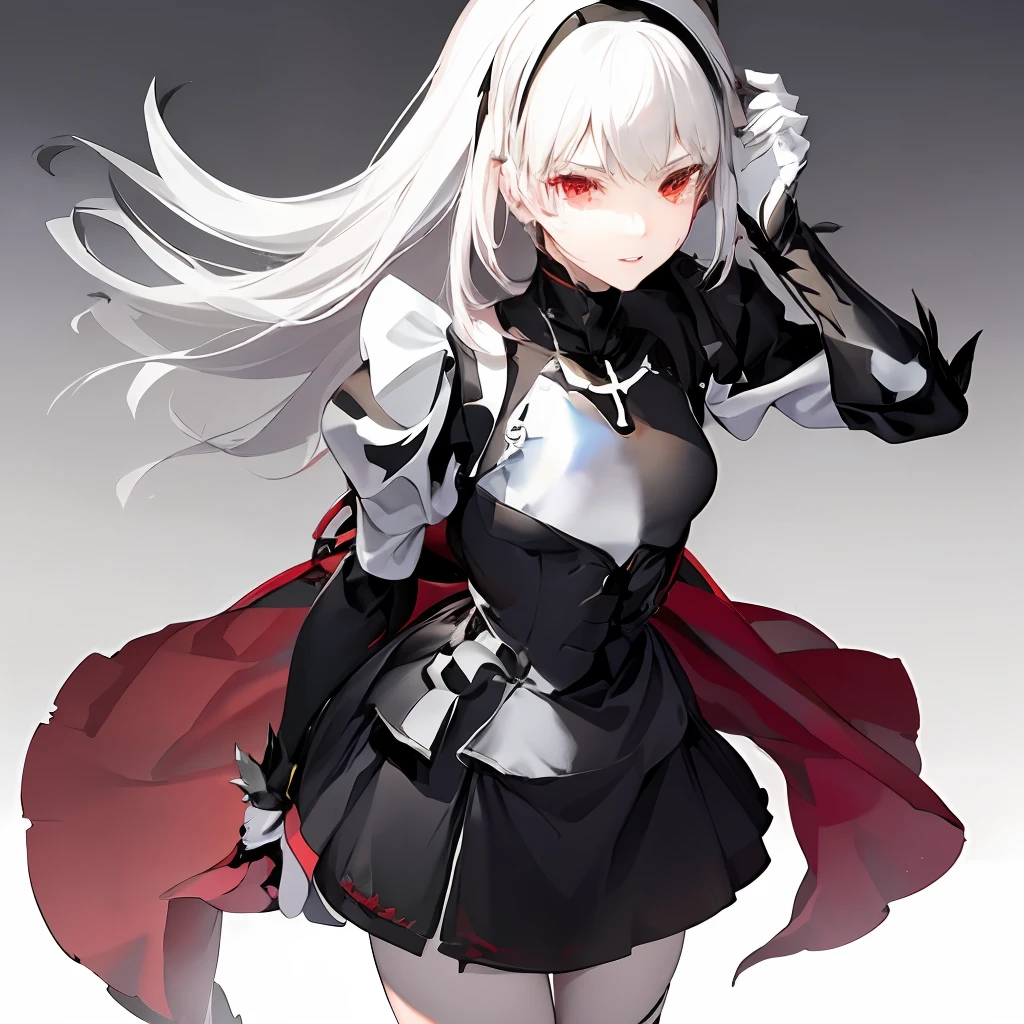 a woman in a black and white outfit holding a black and red object, anime style like fate/stay night, inspired by Li Chevalier, female anime character, perfect white haired girl, nier autoamata, white haired deity, nier inspired, nier:automata inspired, nier : automata inspired, from arknights, female action anime girl, nier 2 b