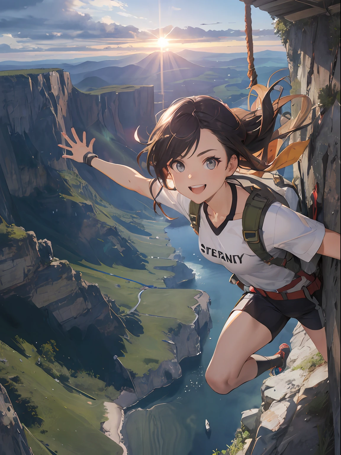 hoang lap、k hd、Hyper-realistic、Hyper-detailing、（full bodyesbian：1.5）、（Climbing girl：1.3）、（closeup of face：1.2）、（waving and smiling：0.6）、（Outdoor sun exposure：1.1 )、(safety belt:1.0)、(Climbing chalk:0.8)、(Rock texture:0.9)、(grip strength:1.0)、(Focus on your eyes:1.1)、(Hiking vest、Hiking shorts:0.7)、(Challenge emojis:0.9),(Perseverance and determination:1.2),(Height viewing angle:0.8),(Suspension rope:0.7),(Fearless attitude:1.0),(Vertigo height:1.3),(Distant horizon:0.9),(Aerial view of the landscape:1.0),(Hanging carabiners:0.6),(Hair fluttering in the wind:0.7),Perfect lighting,beautiful light up,(dynamic angle:1.2),Looking_at_peeping at the viewer,