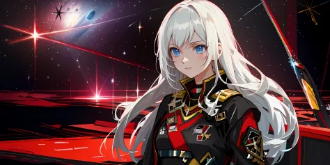 girl standing on a space command ship，a slight smil，space in the distance is still fighting，a nearby exploding star gradually co...