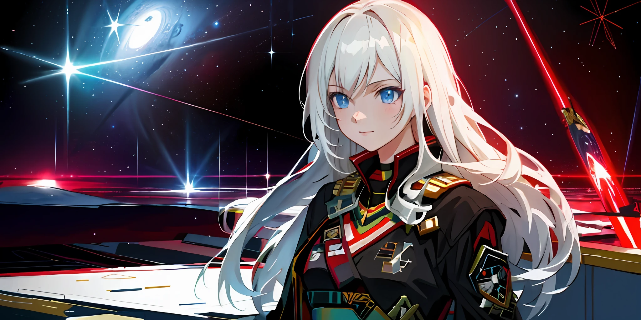 Girl standing on a space command ship，A slight smil，Space in the distance is still fighting，A nearby exploding star gradually collapsed into a black hole。Maiden Governor，White-haired girl，long whitr hair，portrait of teenage girl，Dressed in the clothes of an imperial general, Black and gold stripes do not have red，Starship battlefield，Anime wallpaper 4K，anime wallpaper 8 K，Starskrim，realistic space，Simple，sci-fy，photorealestic