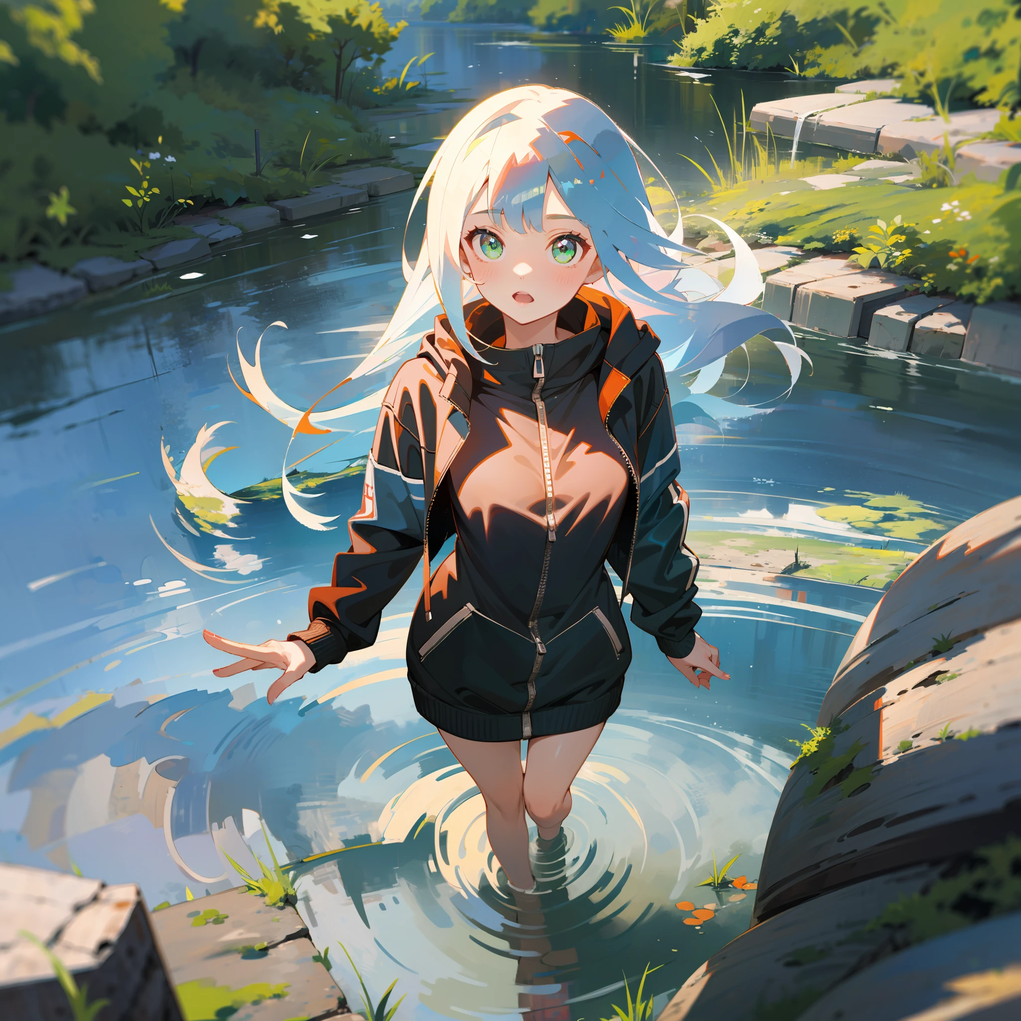 MKSKS style, (Very detailed background:1.0), (highly detailed back ground:1.0), 1girll, full_Body, , Hoodie, partly_unzipped, Masterpiece, Best quality, (1girll, Solo, Girl:1.2), Lake, Grass, walking on the water, Jumps, Stone ruins, color difference, Depth of field, Soft illuminated surface,Face only,White hair,Green eyes,Long hair,Floating hair,small breasts,from above