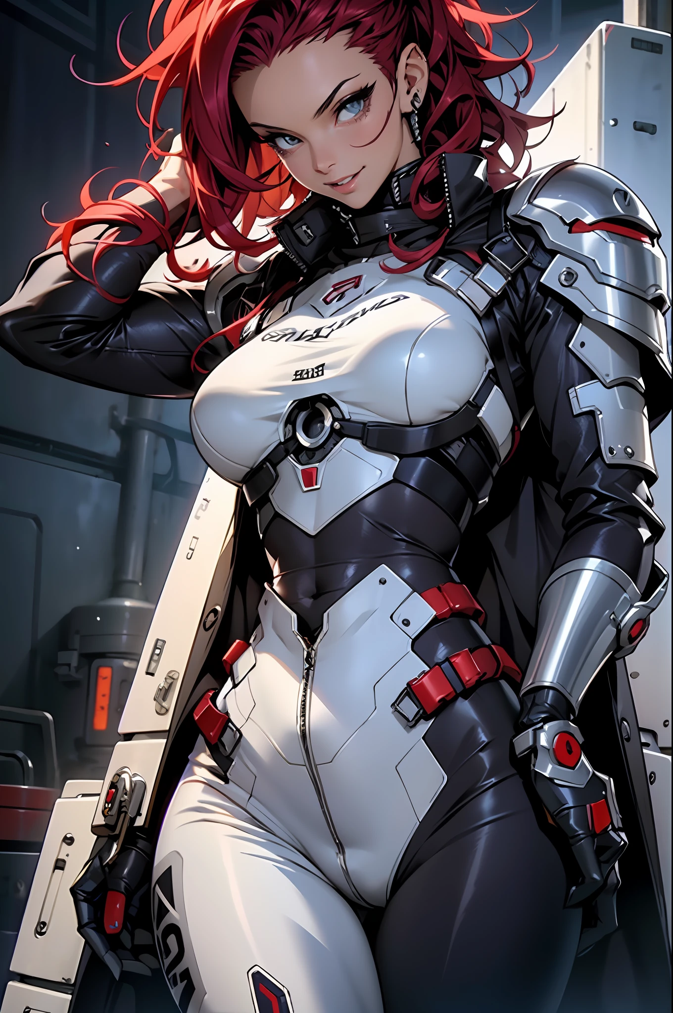 （（（tmasterpiece）））， （（（（best qualtiy））））， （（（absurderes））），，Sexy 35 year old adult female，Wearing robot armor，big cleavage breasts，sexyposture，White mohawk hair and red hair，Proportional body，full bodyesbian，big breasts beautiful，Naughty smile，Military installations