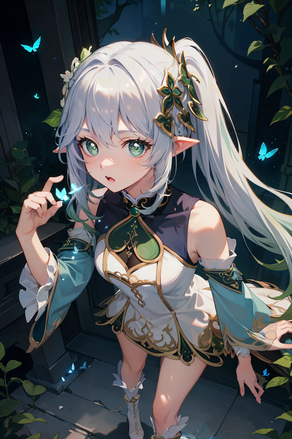 (Overhead view),dynamic angle,ultra-detailed, illustration, close-up, straight on, 1girl, (fantasy:1.4), (azure green eyes:1.233),Her eyes shone like dreamy stars,(glowing eyes:1.233),(beautiful and detailed eyes:1.1),(Silver hair:1.14),(messy hair,very long hair,french braid,hair between eyes,sidelocks), (+(bule hair flower:1.14)),(chiffon dress,bule flower pattern in uniform)/=(military uniform:1.24),(detached sleeves,wide sleeves),(fingerless gloves),choker,(miko thighhighs),High heeled boots,(expressionless,closed mouth),(standing), (classical Princess boudoir with dressing tableand french windowin a white ancient palaces),(white flowers,bloom),(abysmal sea),(flowing water),(a dull blue world tree:1.14),(ruins),(night:1.2),dreamy,soul,(fluorescence),(flying translucent blue butterflies:1.15), [[delicate fingers and hands:0.55]::0.85],(detail fingers),(yubao:0.5),