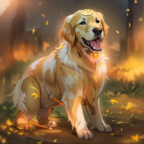 golden retriever dog with spots, golden aura around