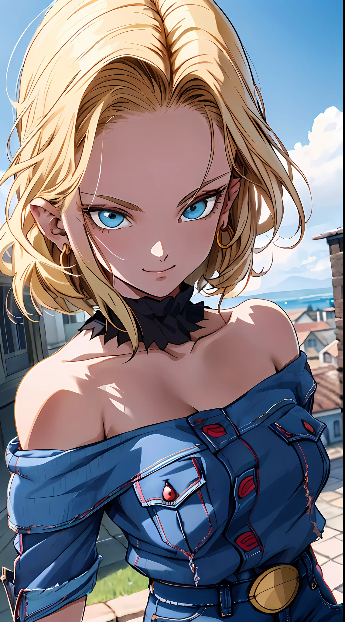 tmasterpiece， Best quality at best， ultra - detailed， absurderes， Portrait beautiful Android18DB， solo， 耳Nipple Ring， jewely， (Off-the-shoulder attire:1.5)，cleavage， upperbody closeup，ssmile， thongs， vests， ​​clouds， Skysky， daysies， exteriors，Denim super shorts，best qualtiy， tmasterpiece， intricately details， Tone-mapping， Sharp focus， ultra - detailed， Artstati is the trend，