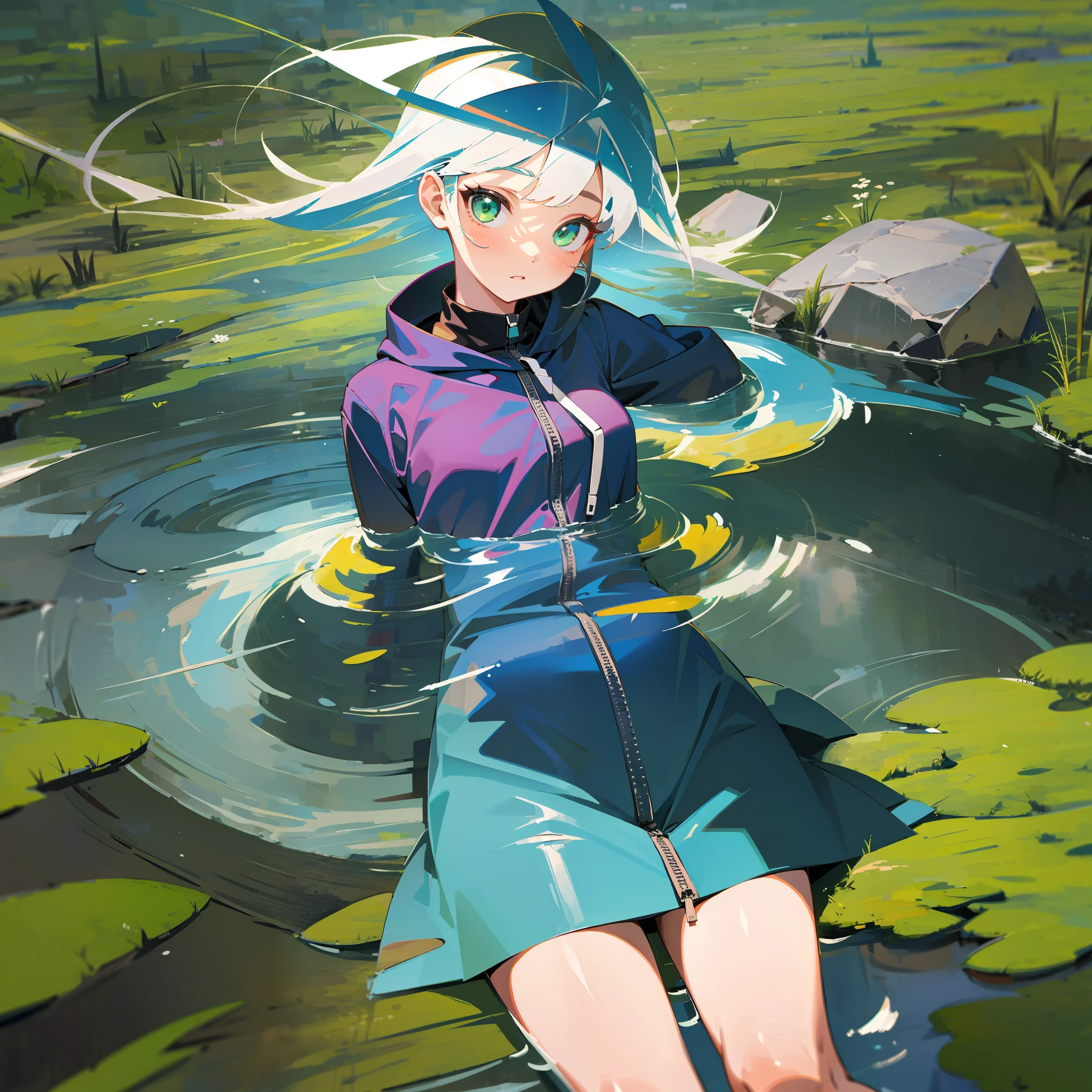 MKSKS style, (Very detailed background:1.0), (highly detailed back ground:1.0), 1girll, full_Body, , Hoodie, partly_unzipped, Masterpiece, Best quality, (1girll, Solo, Girl:1.2), Lake, Grass, walking on the water, Jumps, Stone ruins, color difference, Depth of field, Soft illuminated surface,Face only,White hair,Green eyes,Long hair,Floating hair,Small breasts,From above