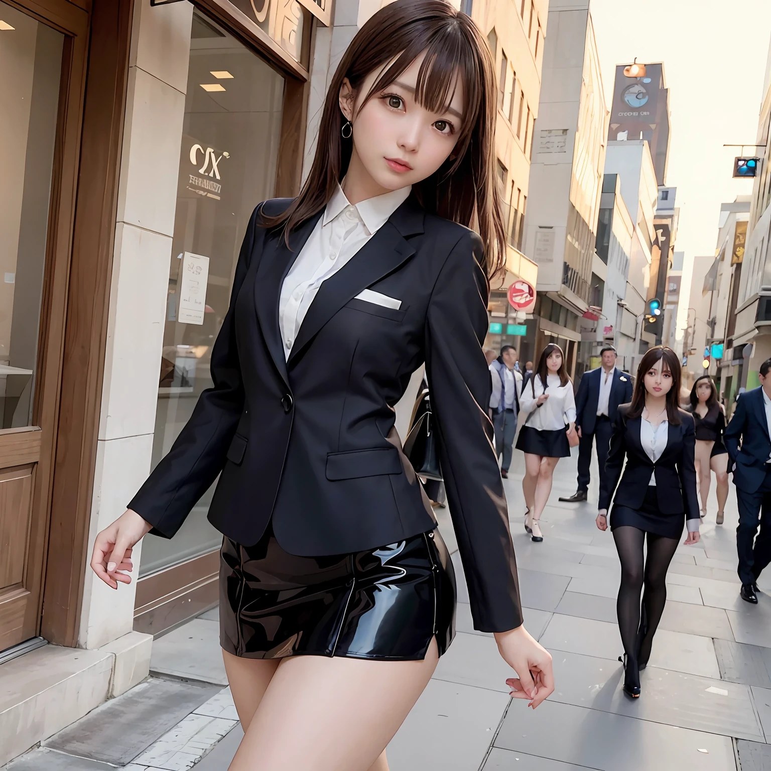 Brown-haired woman walking down the street in a short skirt, Very Sexy Clothes, wearing a strict business suit, anime girl in real life, Anime girl role play, elegant glamourous cosplay, Sexy Wear, dressed in a suit, wearing fashion suit, dapper, wearing tight suit, sexy looks, Business attire, dressed in a suit,