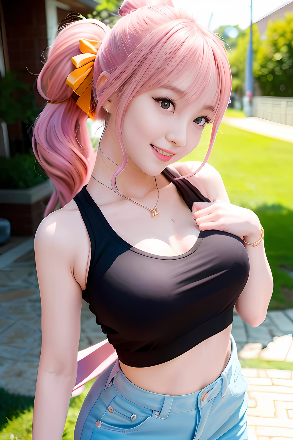 1girl, solo, look at viewer, (((smile:1.3, laugh:1.0))),(Kpop idol), (aegyo sal:1), professional lighting, photon mapping, radiosity, physically-based rendering, pureerosface_v1, pink T-shirt, {{floating hair}}, outdoors, detailed background, ((pink top, peach top)), long jeans, ((ponytail,exquisite hair tie,Delicate head ribbon)), upper body, bangs, hair accessories, city, night, high ponytail, armpits, thin, perfect skin,large breasts, detailed fingers