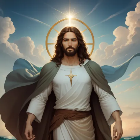 A beautiful ultra-thin realistic portrait of Jesus, the prophet, a man 35 years old Hebrew brunette, short brown hair, real perfect eyes, long brown beard, with, Helping People , wearing long linen tunic closed on the chest part, in front view, full body, ...