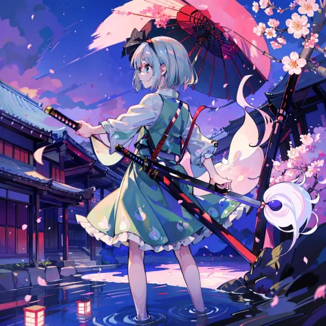 illustration of youmu konpaku holding a japanese sword, masterpiece, fine detail, 4k, 8k, 12k, solo, one person, beautiful girl,...