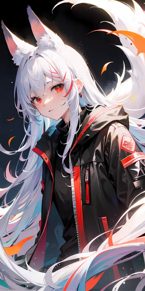 1 guy with long white hair, red eyes, fox ears and 9 tails