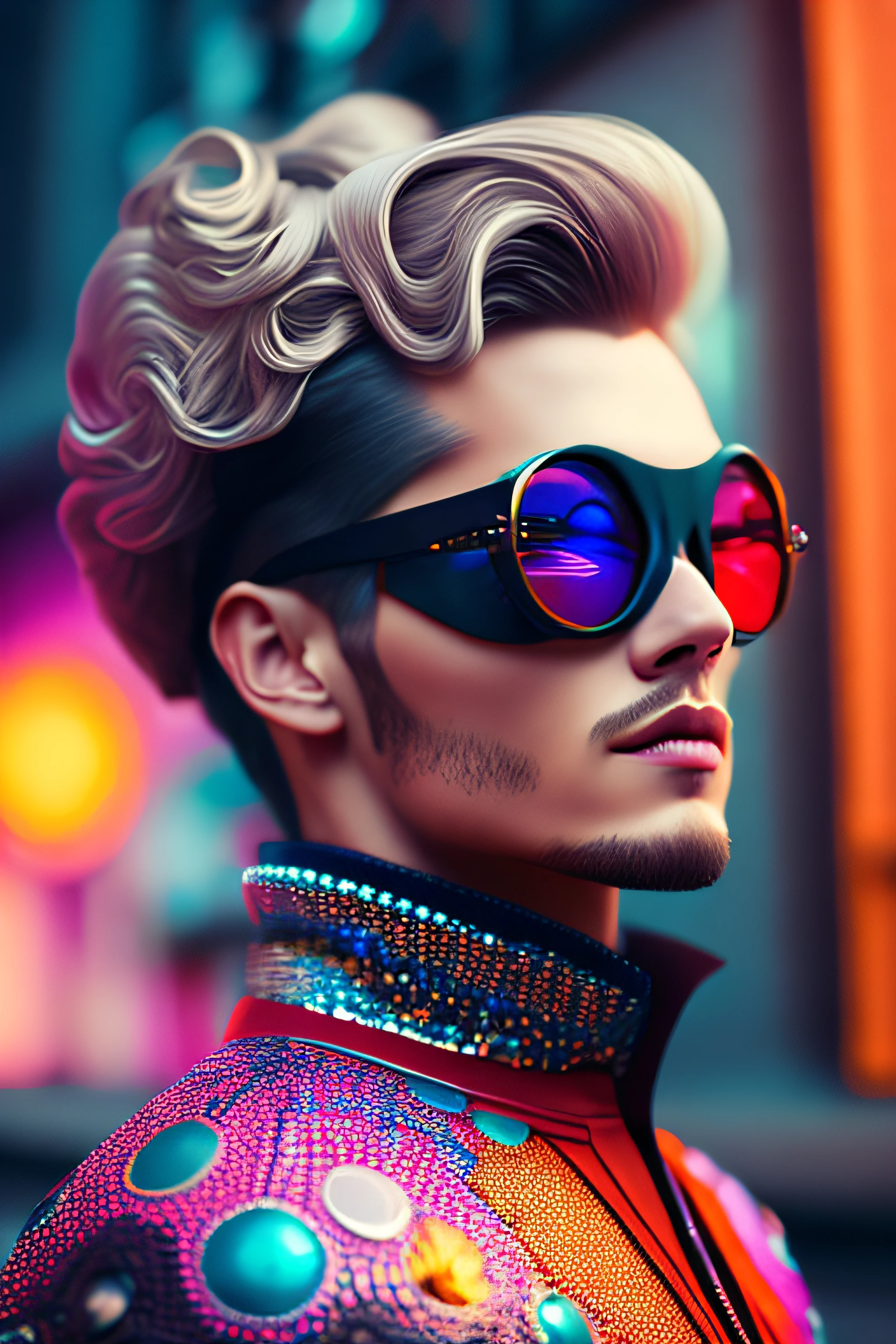 (portrait fashionista man middle ages 1950s with intricate colorful trendy glossy polarised goggle), flufly clorful hair, smily expression, (Extremely Detailed digital photography:1.2), standing in middle of city, (((full body))), raw picture, analogue, Hasselblad, 50asa, f8, 12mm, glow effects, godrays, Hand drawn, render, 8k, octane render, cinema 4d, blender, dark, atmospheric 4k ultra detailed, cinematic sensual, Sharp focus, humorous illustration, big depth of field, Masterpiece, colors, 3d octane render, 4k, concept art, trending on artstation, hyperrealistic, Vivid colors, rim light, extremely detailed CG unity 8k wallpaper, trending on ArtStation, trending on CGSociety, Pop Art style by  Yayoi Kusama, Intricate, High Detail, dramatic
,pure energy, light particules, sci-fi