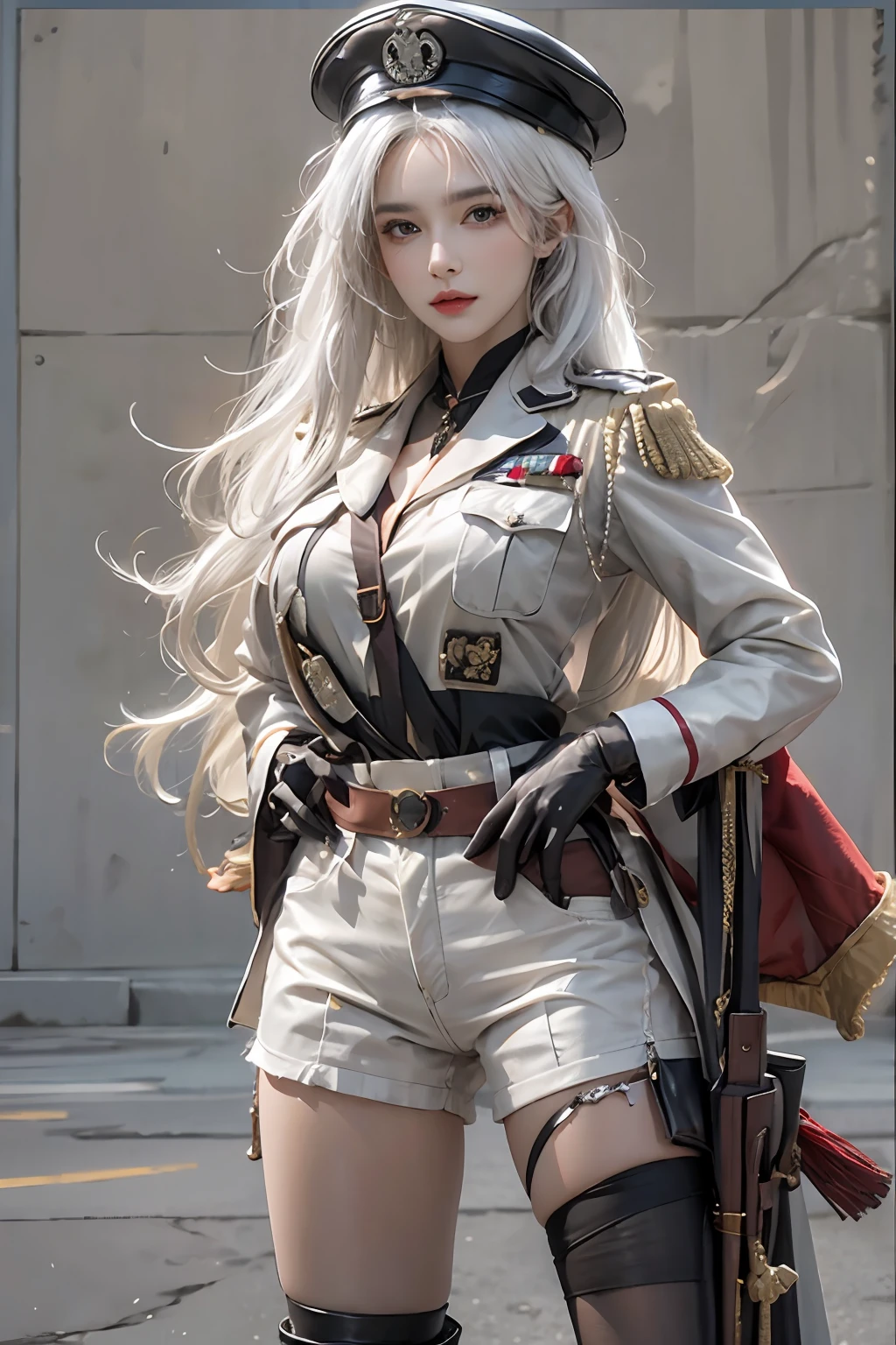 photorealistic, high resolution, 1women, solo, hips up, look at viewer, (detailed face), white hair, long hair, military uniform, jewelry