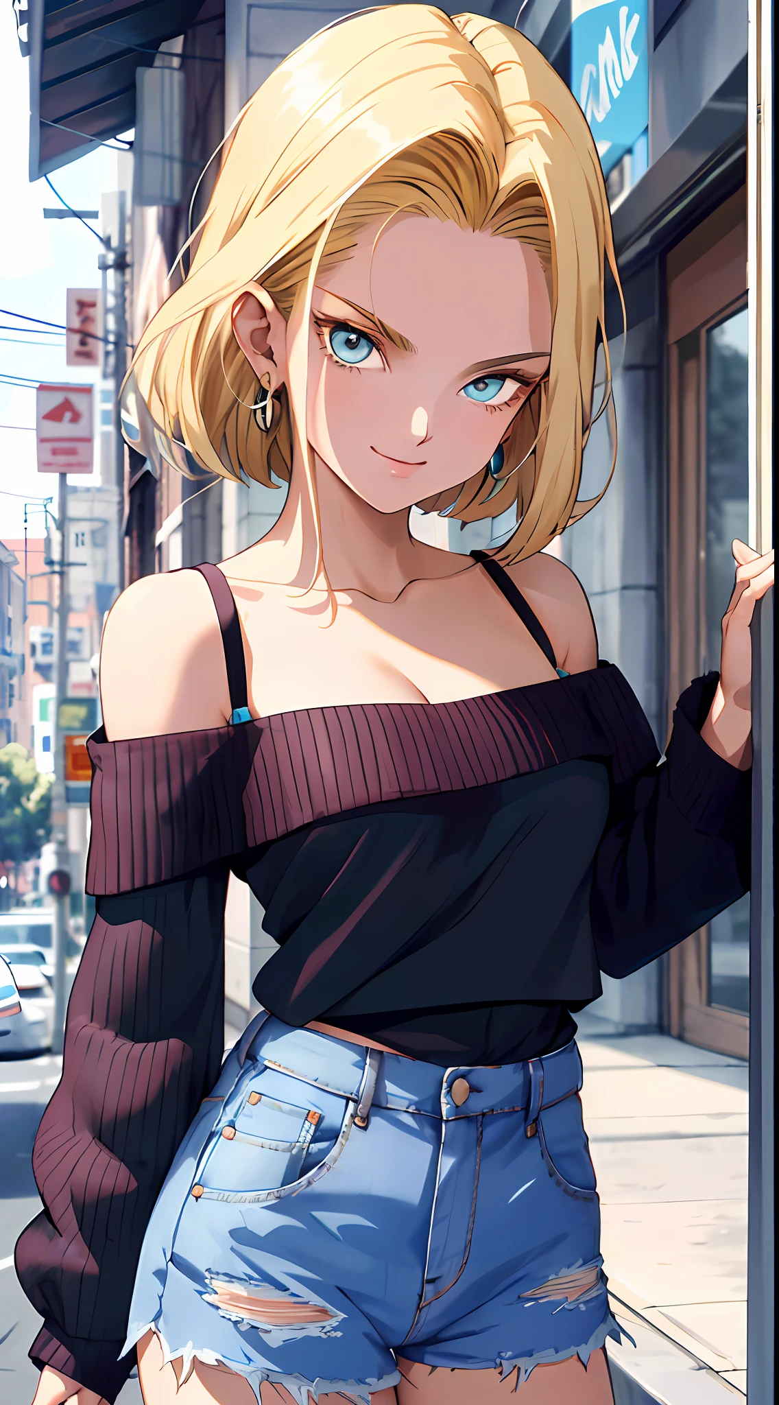 tmasterpiece， Best quality at best， ultra - detailed， absurderes， Portrait beautiful Android18DB， solo， 耳Nipple Ring， (Bikini:1.5)，underdressing，jewely， (Off-the-shoulder attire:1.5)，cleavage， upperbody closeup，ssmile， thongs， vests， ​​clouds， Skysky， daysies， exteriors，Denim super shorts，best qualtiy， tmasterpiece， intricately details， Tone-mapping， Sharp focus， ultra - detailed， Artstati is the trend，