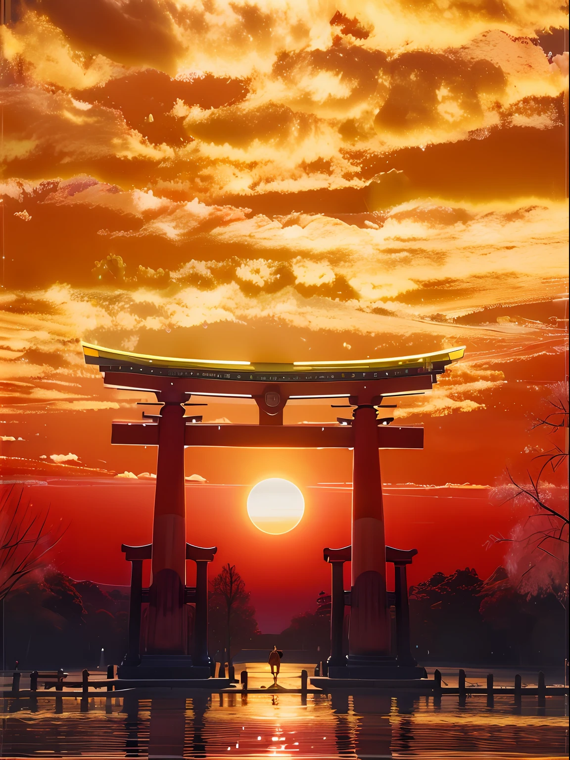 Imagem Arafed de um portão tori tori ao pôr do sol, Puerta torii centrada, torii, por torii Kiyomoto, Puerta torii, inspirado por torii Kiyomoto, por torii Kiyomasu II, por torii Kiyomasu, Pôr do sol na província de Kanagawa, torii en el fondo, Aomori Japão, Pôr do sol!!!
