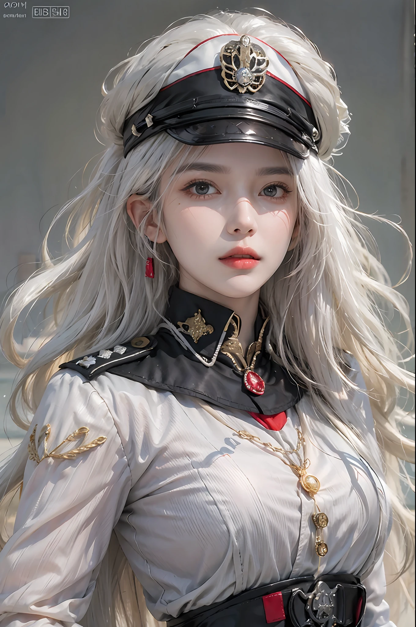 photorealistic, high resolution, 1women, solo, hips up, look at viewer, (detailed face), white hair, long hair, military uniform, jewelry