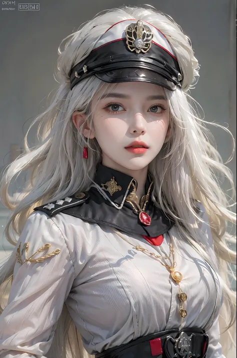 photorealistic, high resolution, 1women, solo, hips up, look at viewer, (detailed face), white hair, long hair, military uniform...