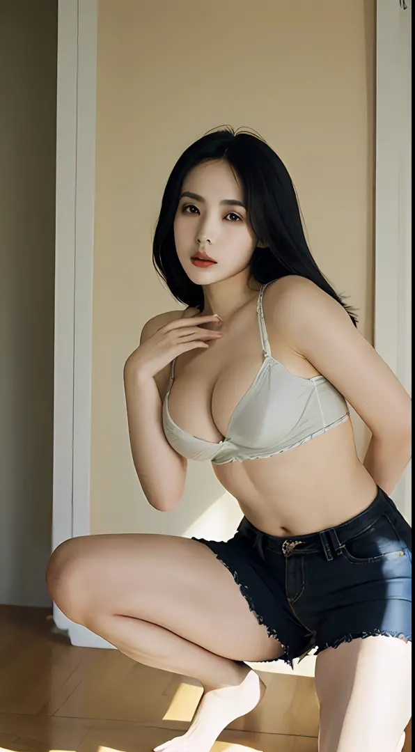 asian woman, white skin,fat in the abdomen, thighs, calves , shorts,, no bra, black hair, beautiful face, squatting, facing camera, hands on thighs