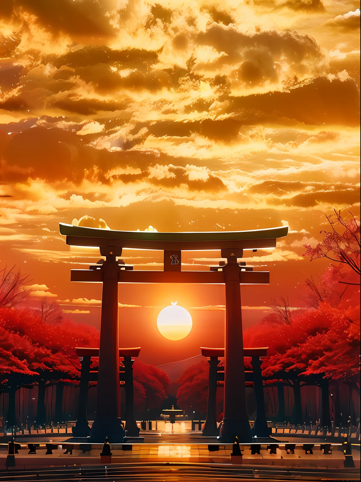 Imagen de Arafed de una puerta tori tori en la puesta de sol, Puerta Torii centrada, Torii, por Torii Kiyomoto, Puerta Torii, inspirado por Torii Kiyomoto, por Torii Kiyomasu II, por Torii Kiyomasu, Sunset Prefectura de Kanagawa, Torii en el fondo, Aomori Japan, puesta del sol!!!