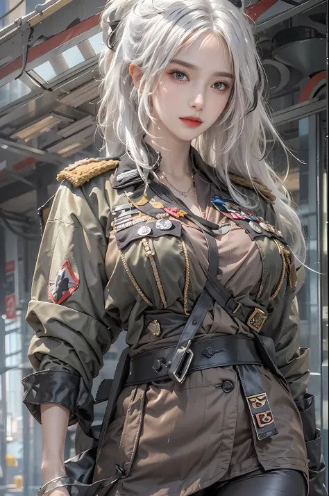 photorealistic, high resolution, 1women, solo, hips up, look at viewer, (detailed face), white hair, long hair, military uniform...