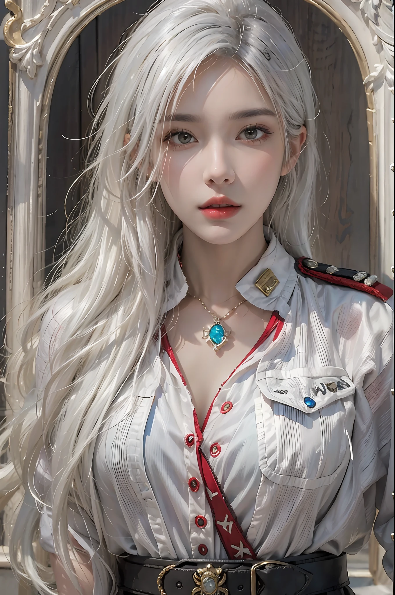 photorealistic, high resolution, 1women, solo, hips up, look at viewer, (detailed face), white hair, long hair, military uniform, jewelry