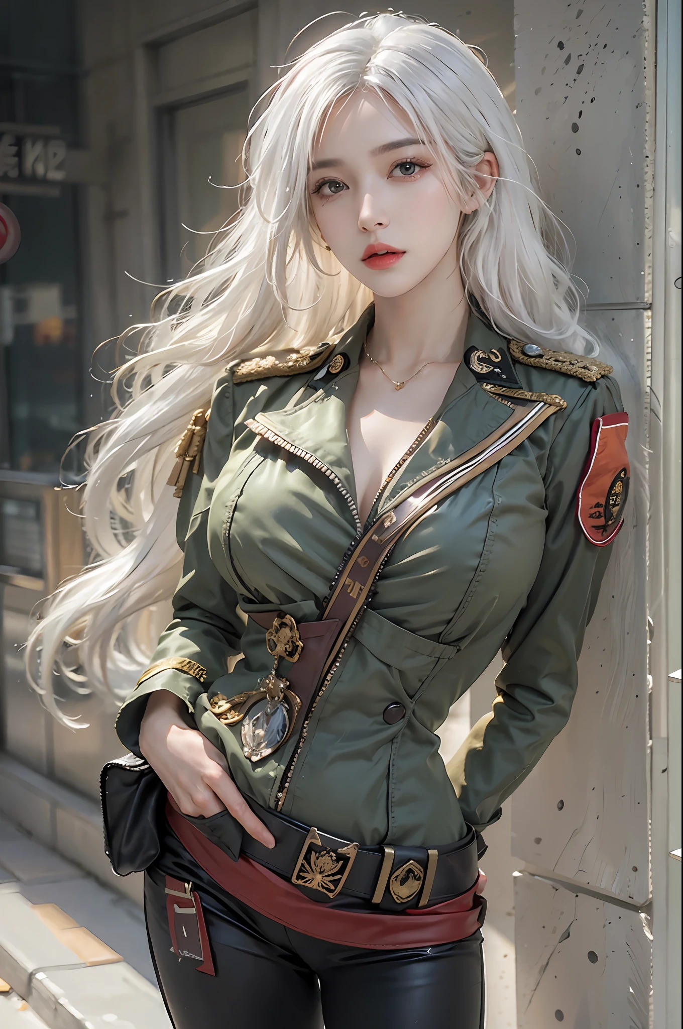 photorealistic, high resolution, 1women, solo, hips up, look at viewer, (detailed face), white hair, long hair, military uniform, jewelry