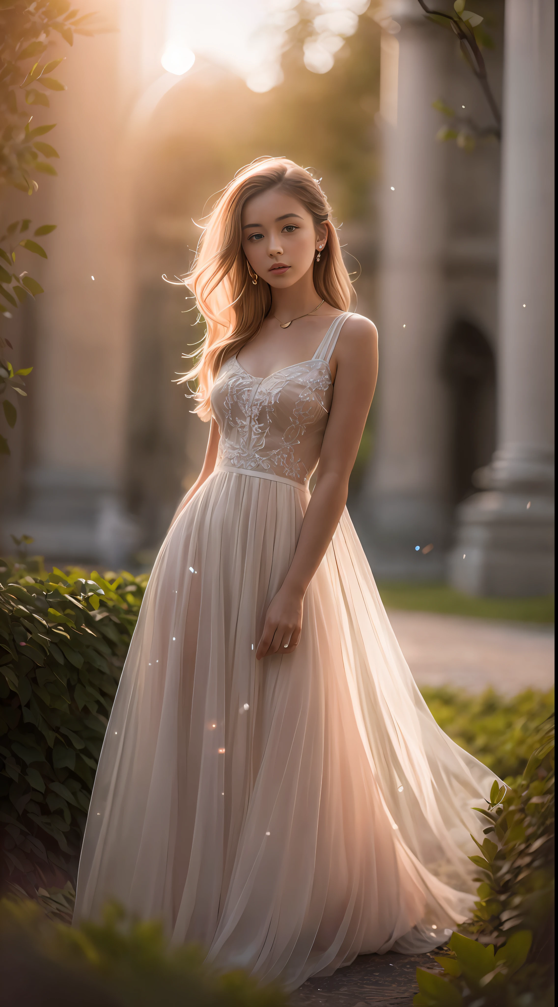 (nikon RAW photo, 8k), (photorealistic:1.3),1girl, full body, solo, fashion portrait, fashionable outfit, stuning dress ,royal garden, classic, cinematic lighting, utopian, euphonium, ((light particles)), realistic, morning sun, dynamic, fresh,best quality, exquisite details, high-resolution, 85mm film, timeless elegance. portrait photography, 85mm film, natural blurry