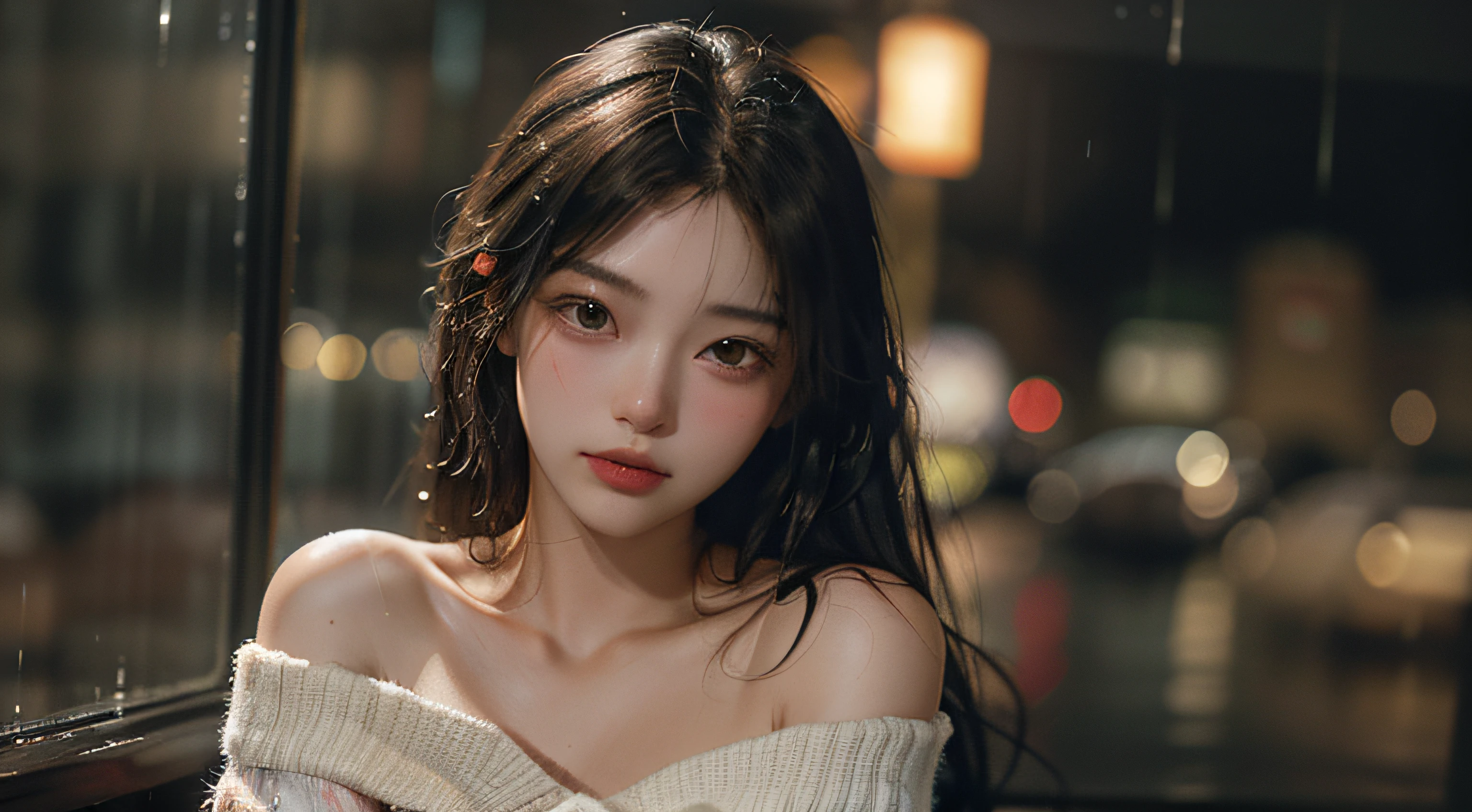 maximum quality、MASTERPIECE、Super High Resolution、(photorealistic:1.4)、Raw photo、1 girl、off shoulder、In the rainy city、A crowded figure in the background、Rainy evening、Sit in an antique café、Warm lights、It looks cold outside the window