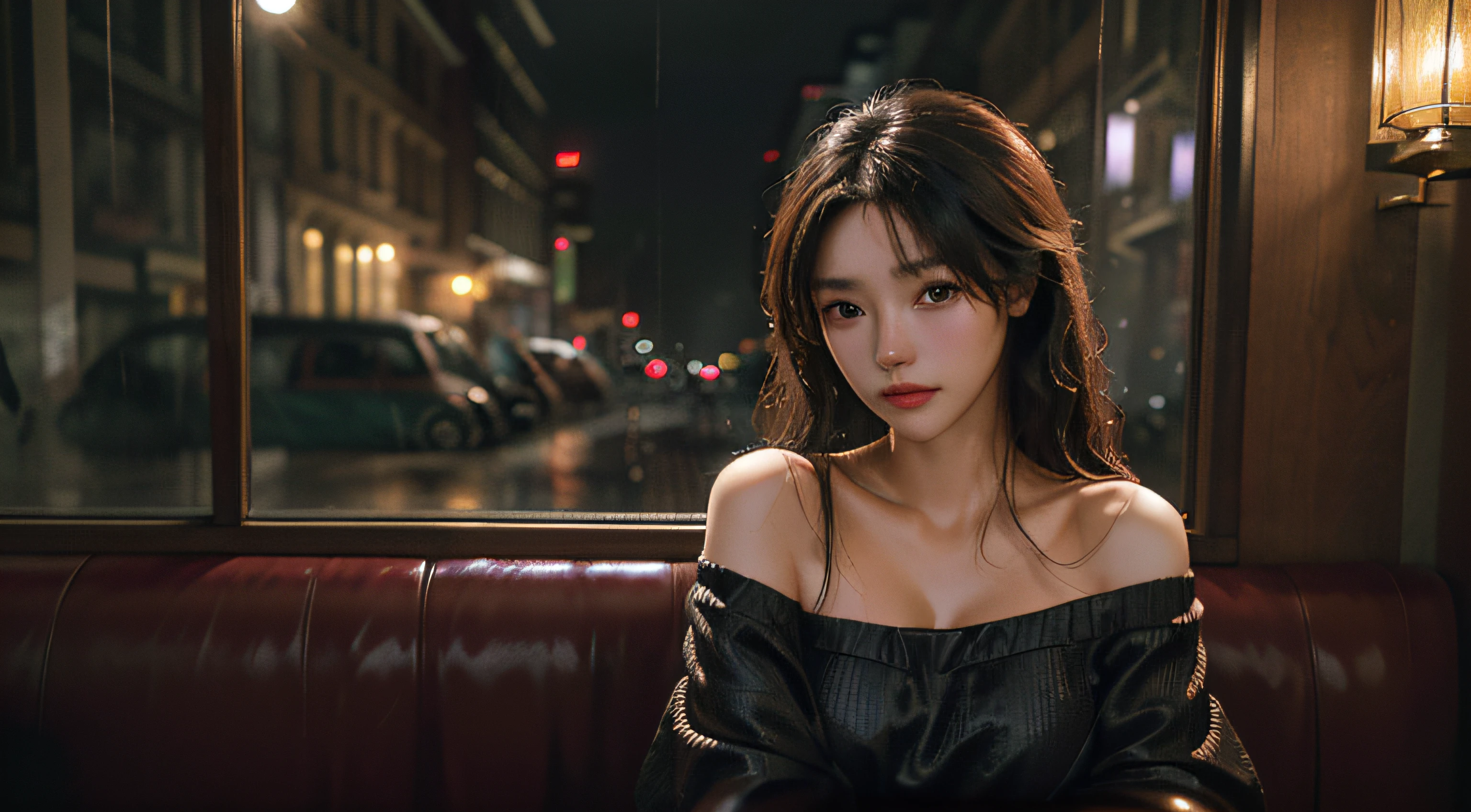 maximum quality、MASTERPIECE、Super High Resolution、(photorealistic:1.4)、Raw photo、1 girl、off shoulder、In the rainy city、A crowded figure in the background、Rainy evening、Sit in an antique café、Warm lights、It looks cold outside the window