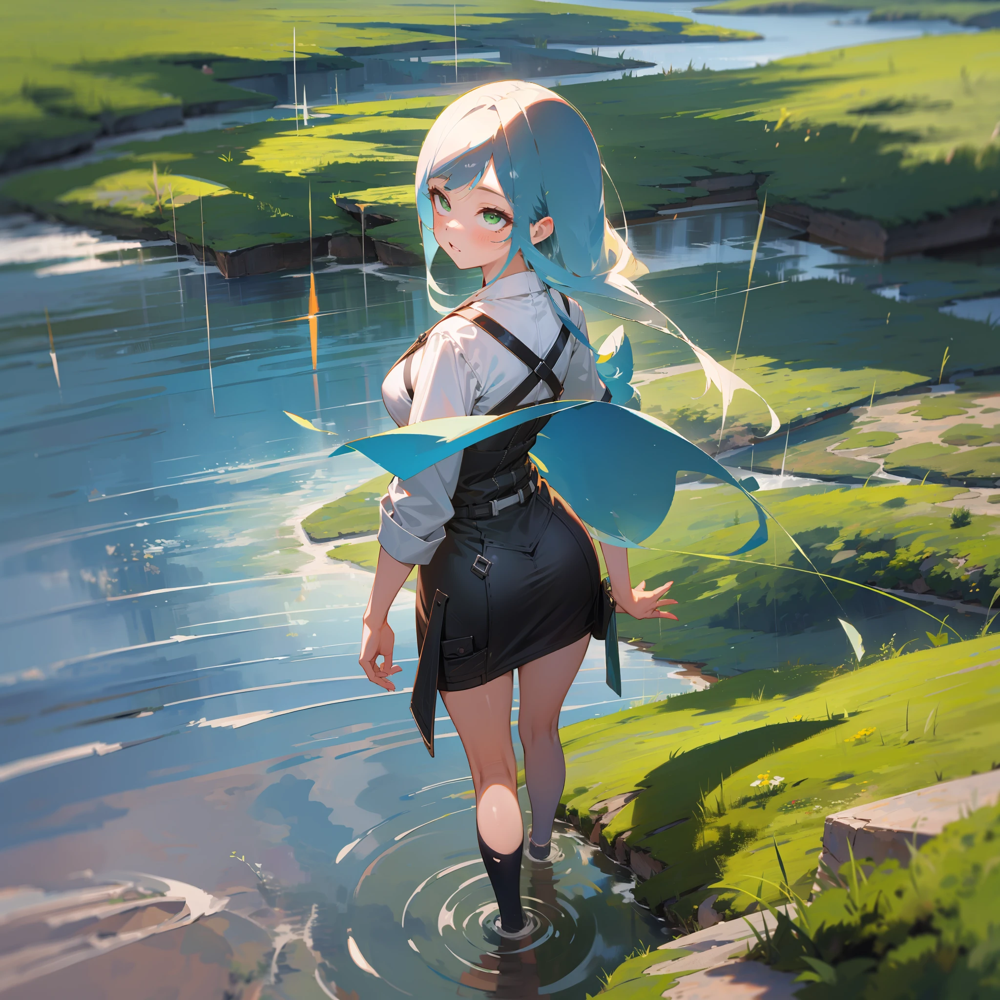 MKSKS style, (Very detailed background:1.0), (highly detailed back ground:1.0), 1girll, full_Body,, partly_unzipped, Masterpiece, Best quality, (1girll, Solo, Girl:1.2), Lake, Grass, walking on the water, Jumps, Stone ruins, color difference, Depth of field, Soft illuminated surface,Face only,White hair,Green eyes,Long hair,Floating hair,Small breasts,From above