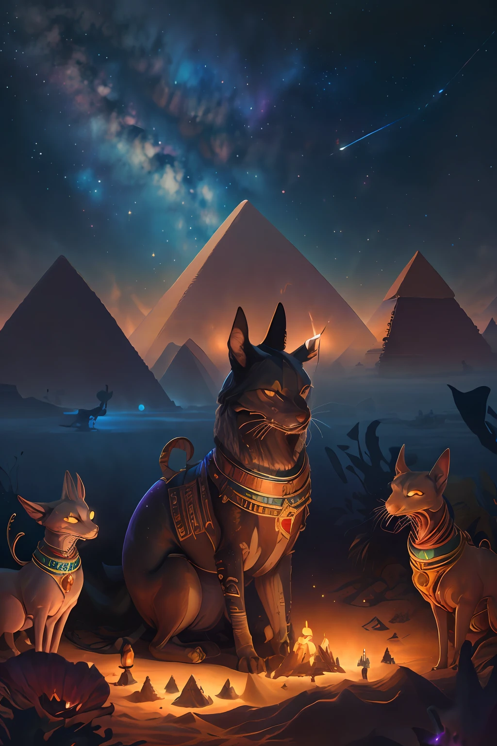 melhor qualidade, (obra-prima: 1.2), 
OldEgyptAI, cornish rex, criaturas de fantasia,(Pintura digital), (melhor qualidade), Egyptian pyramids, alta qualidade, Stunning night sky, Estrelas cintilantes, lua cheia suave, Mysterious Milky Way, Vento suave, serene silence, Connection with the infinite universe