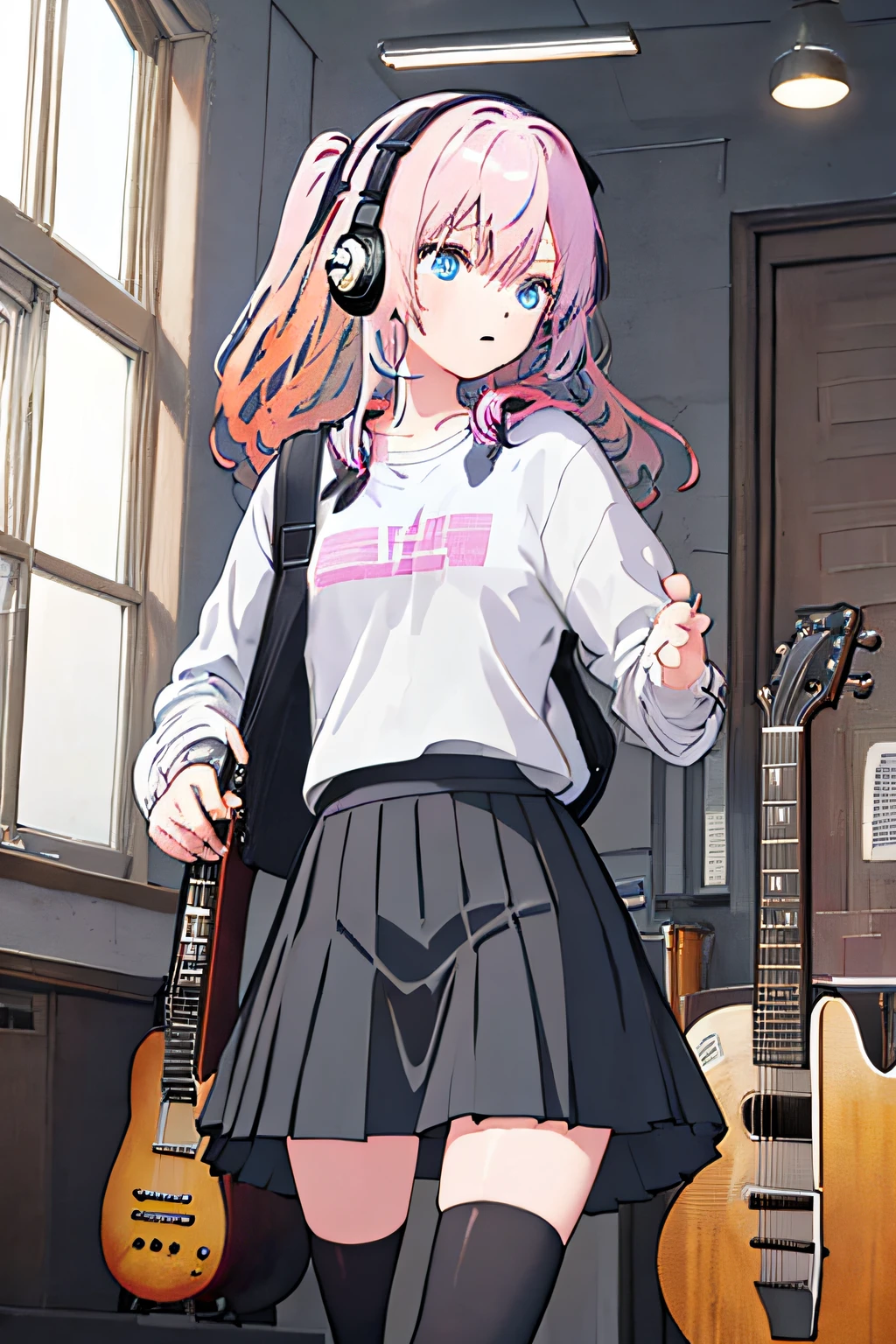 (Masterpiece, top quality) 1 girl, solo, black skirt, blue eyes, electric guitar, guitar, headphones, holding, plectrum, musical instrument, long hair, music, one side up, pink hair, guitar playing, pleated skirt, black shirt, indoor