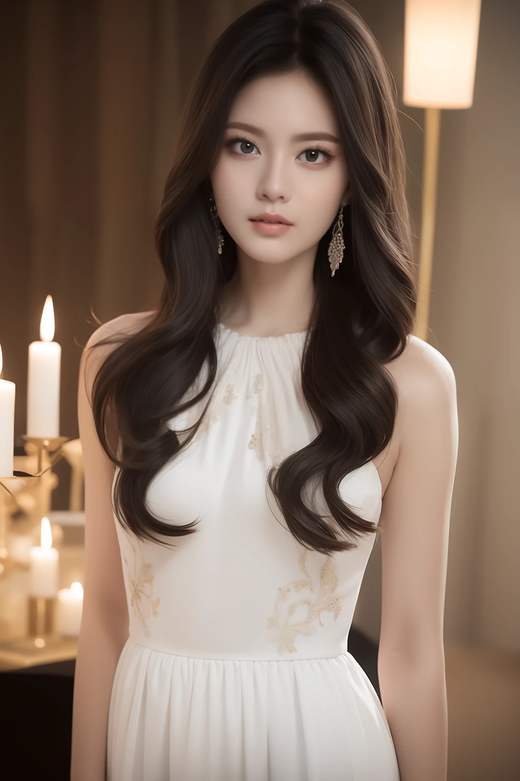 white dress,looking at viewer,  floral print,  depth of field, night cityscape, (1girl:1.6),   long hair, ulzzang-6500v1.1, (original: 1.2), (realistic: 1.3) , beautiful girl with beautiful details, extremely detailed eyes and face, eyes with beautiful details, absurd, incredibly absurd, huge file size, ultra detail, high resolution, ultra detailed, best quality, masterpiece, illustration, ultra detailed and beautiful, ultra detailed, CG, unity, 8k wallpaper, amazing, fine Detail, masterpiece, top quality, official art, extremely detailed CG unity 8k wallpaper, cinematic lighting, (perfect shiny skin:0.6), slim and smooth lines, (floating), (small breasts:1),  earrings ,