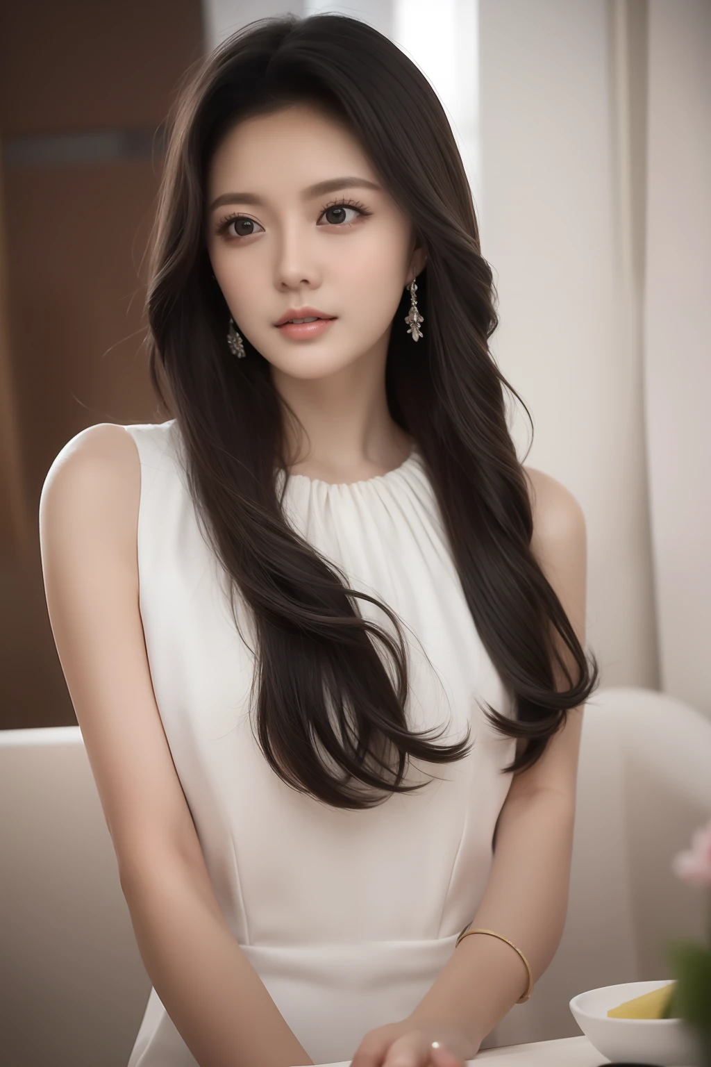 white dress,looking at viewer,  floral print,  depth of field, night cityscape, (1girl:1.6),   long hair, ulzzang-6500v1.1, (original: 1.2), (realistic: 1.3) , beautiful girl with beautiful details, extremely detailed eyes and face, eyes with beautiful details, absurd, incredibly absurd, huge file size, ultra detail, high resolution, ultra detailed, best quality, masterpiece, illustration, ultra detailed and beautiful, ultra detailed, CG, unity, 8k wallpaper, amazing, fine Detail, masterpiece, top quality, official art, extremely detailed CG unity 8k wallpaper, cinematic lighting, (perfect shiny skin:0.6), slim and smooth lines, (floating), (small breasts:1),  earrings ,